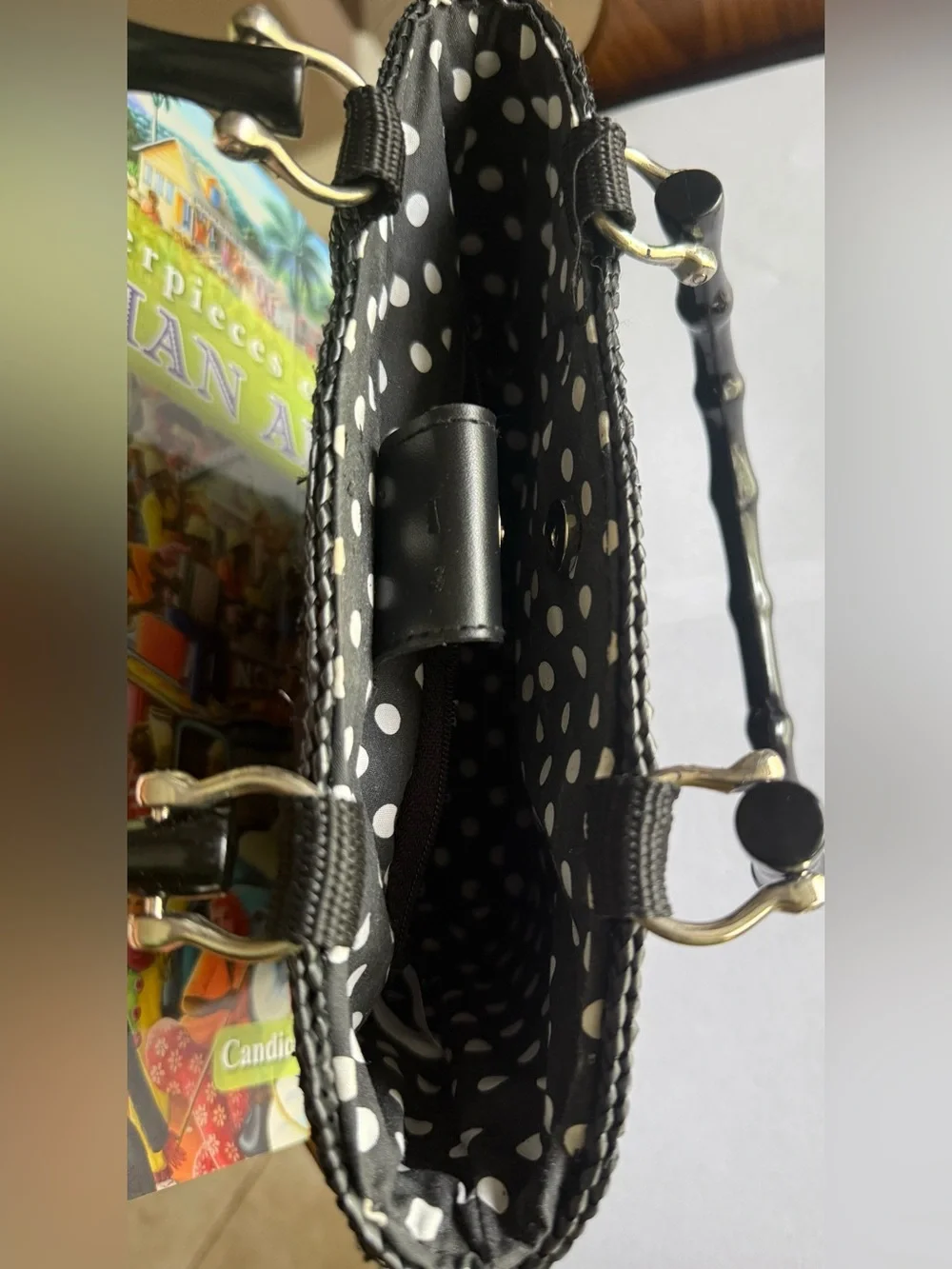 Black 1980s St John’s Bay Woven Handbag with Bamboo Handles polka dot lining
